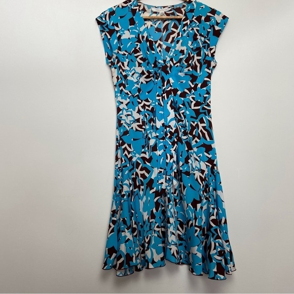 Diane Von Furstenberg silk dress lightweight ecru brown cerulean blue  size  2 - Picture 14 of 14